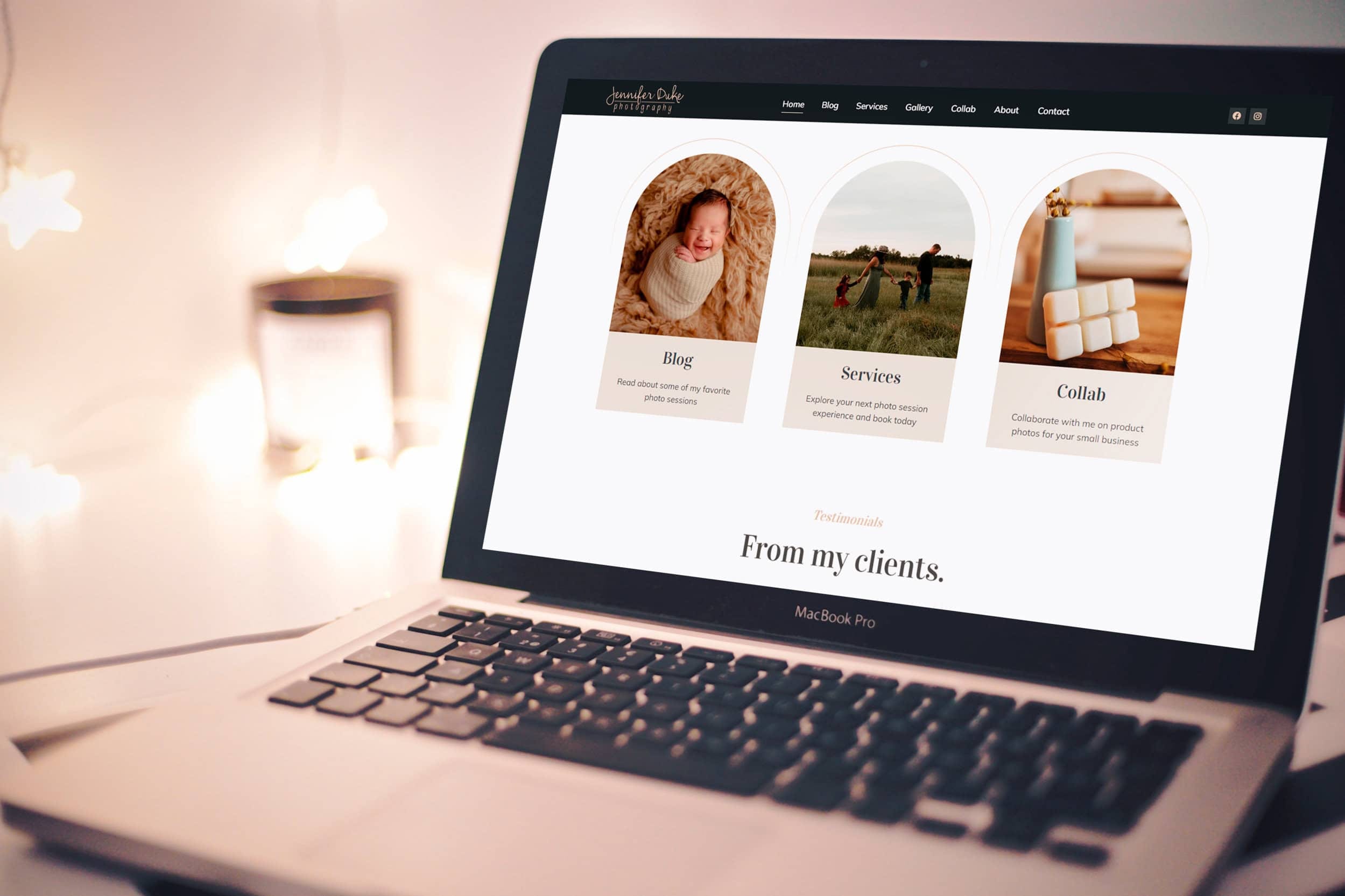 A MacBook Pro on a desk displays a webpage featuring three sections: 