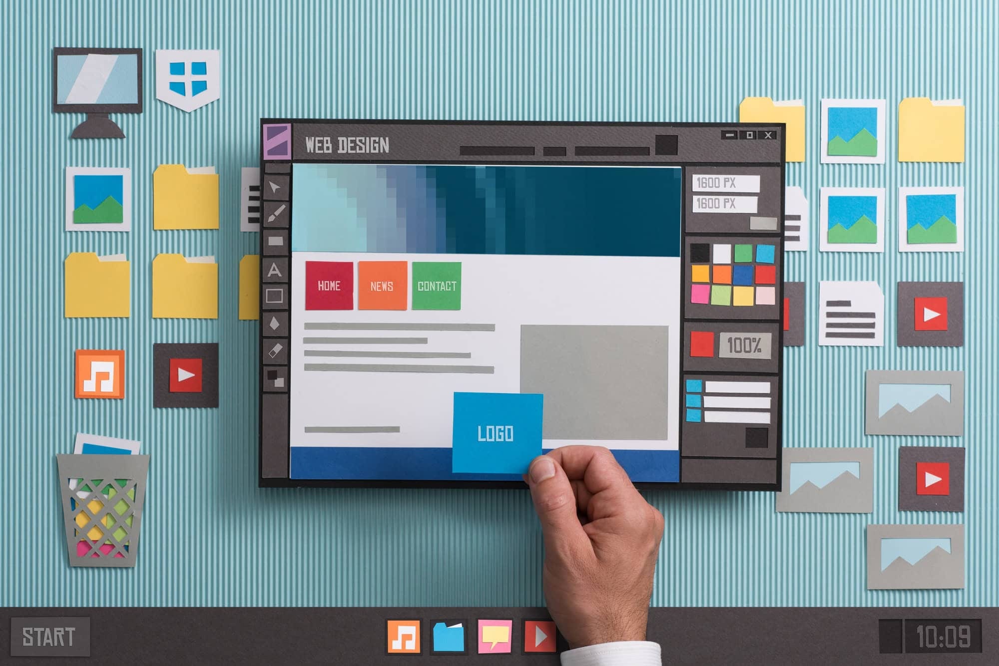 A person places a blue logo on a digital web design interface displayed on a tablet, representing website hosting and management. The screen shows a navigation menu and various design elements. - Market Design Team: Define. Structure. Expand.
