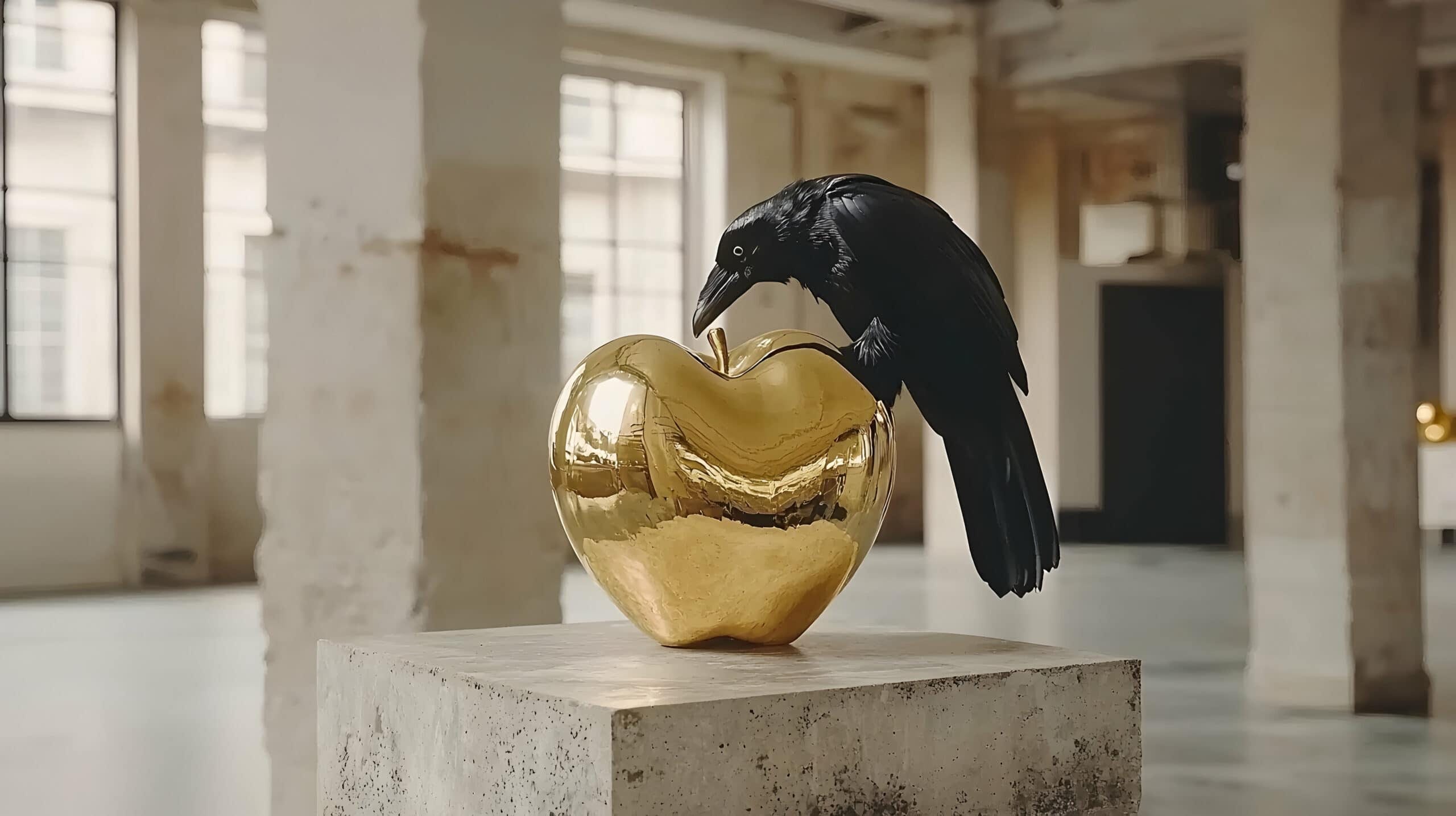 A raven perches on a shiny golden apple sculpture—an apt symbol of Shiny Object Syndrome—resting on a concrete pedestal in an industrial-style room with large windows and worn columns, evoking the allure often seen in business trends. - Market Design Team: Define. Structure. Expand.