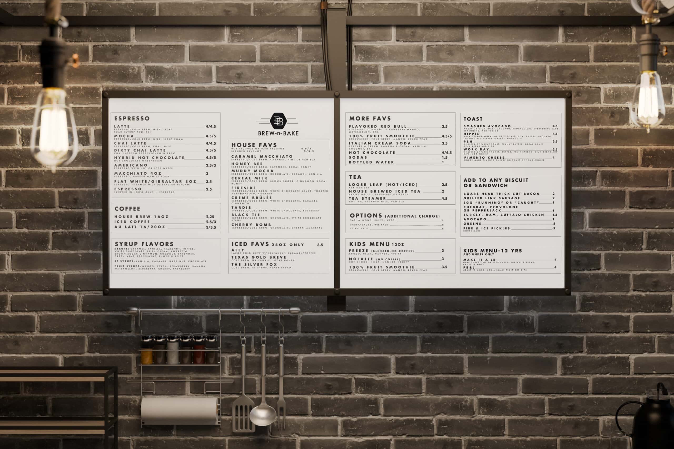 A coffee shop menu on a brick wall lists espresso drinks, coffee, syrups, iced drinks, house specials, food options like sandwiches and toast, a kids menu, and add-ons in black text on a white background. - Market Design Team: Define. Structure. Expand.