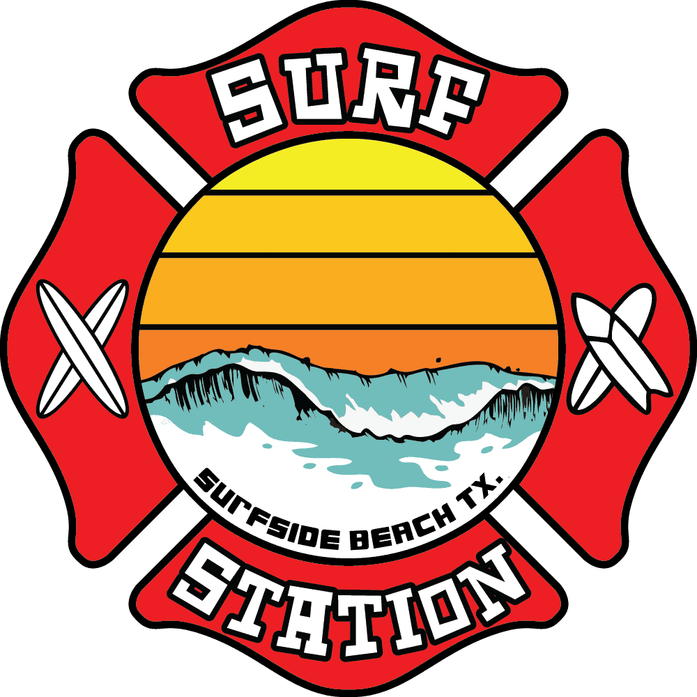 A red badge with a yellow and orange sunset, ocean waves, and “Surfside Beach TX.” Two surfboards stand on each side. Bold white letters display “Surf Station” at the top and bottom, highlighting the vibrant Surfside Station vibe. - Market Design Team: Define. Structure. Expand.