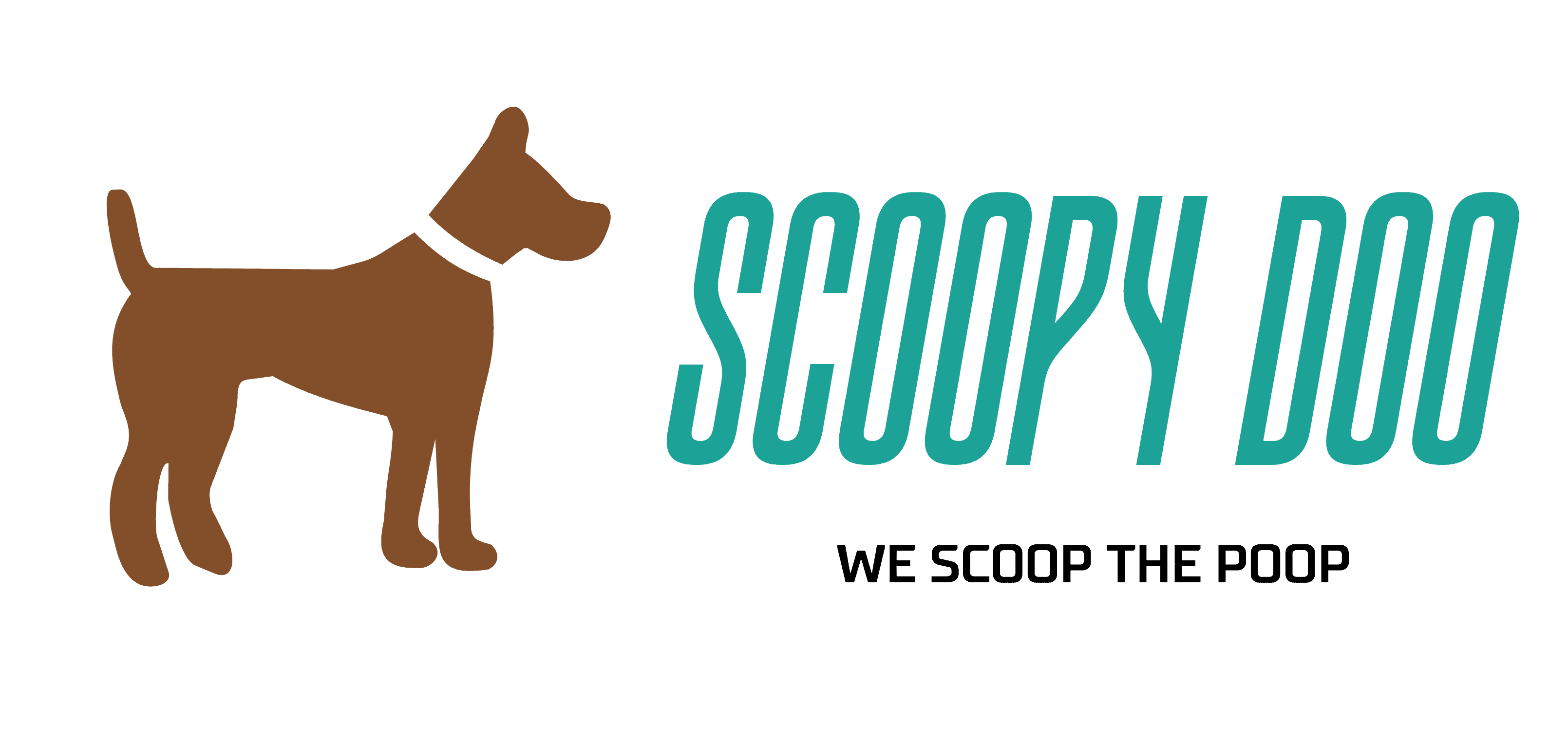 A simple logo featuring the silhouette of a brown dog with a black collar next to the words “SCOOPY DOO” in large teal letters, and smaller text below reading “Poo Removal Service.”. - Market Design Team: Define. Structure. Expand.