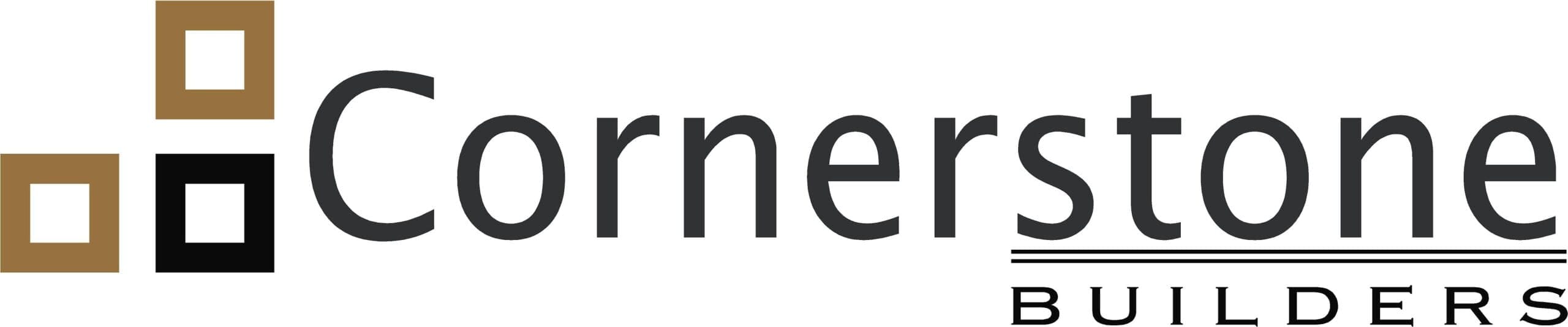 The Cornerstone Builders logo features three overlapping squares in brown, gold, and black on the left, symbolizing strength in construction, with 