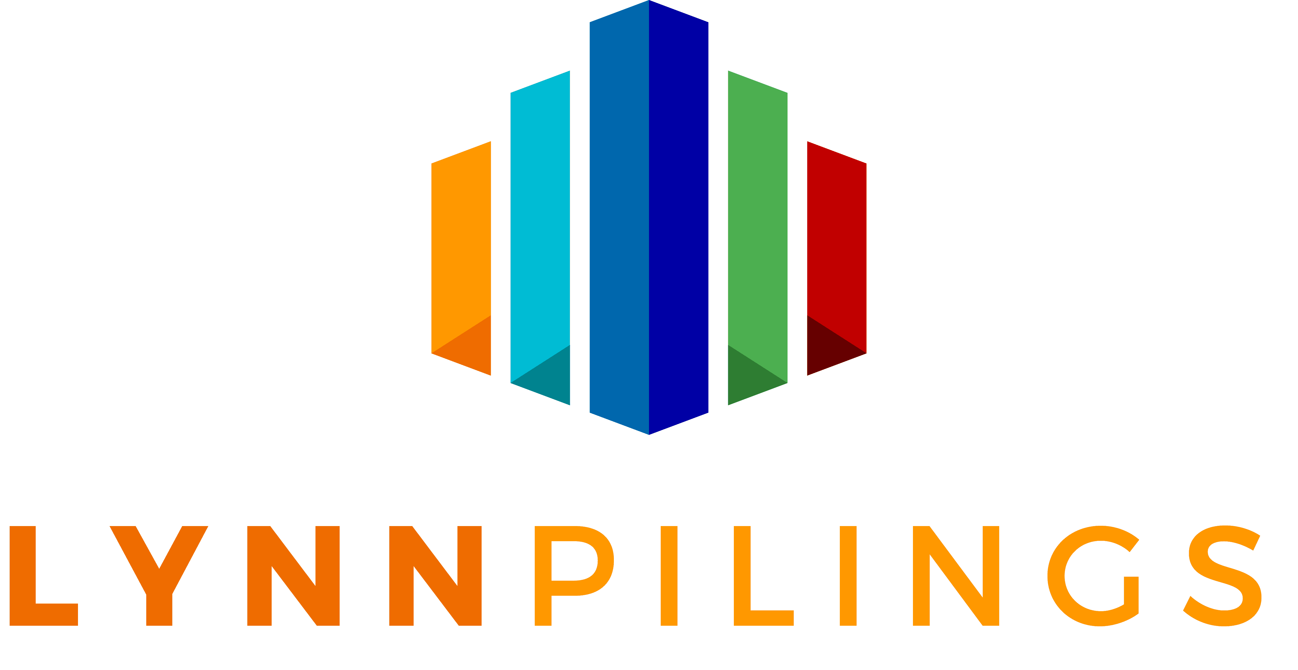 Logo for Lynn Pilings featuring six vertical, multicolored bars of varying heights that evoke building structures, positioned above the bold, orange 
