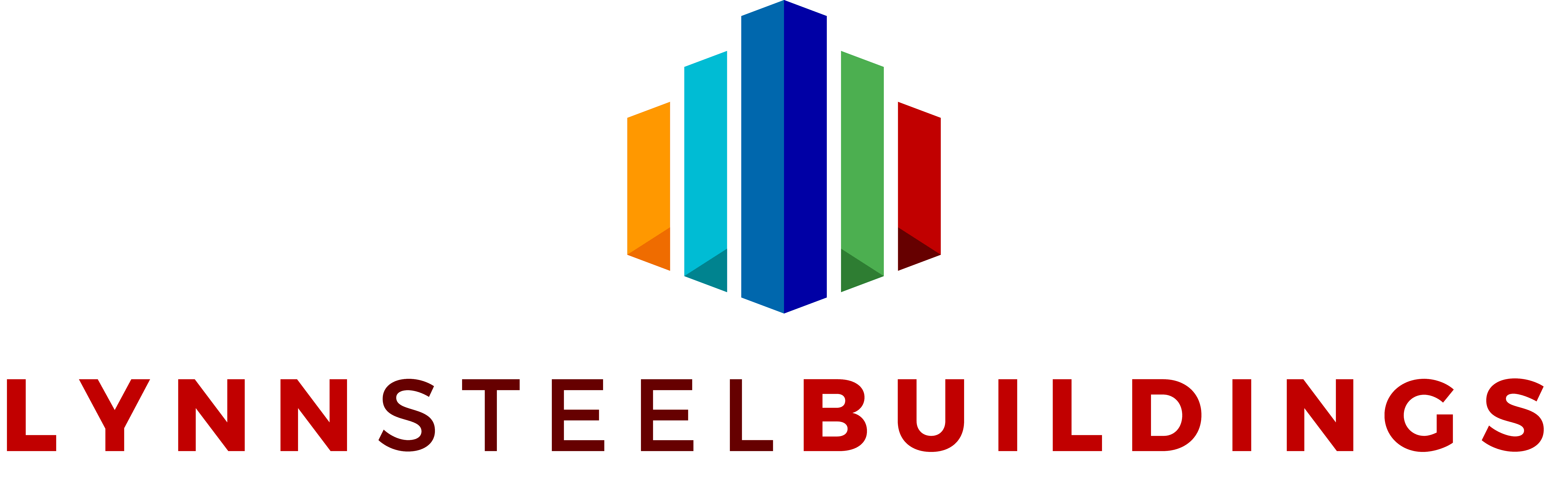 Logo for Lynn Steel Buildings featuring a geometric design with vertical colored bars in blue, green, and orange, forming a stylized building shape above the company name in bold red capital letters. - Market Design Team: Define. Structure. Expand.