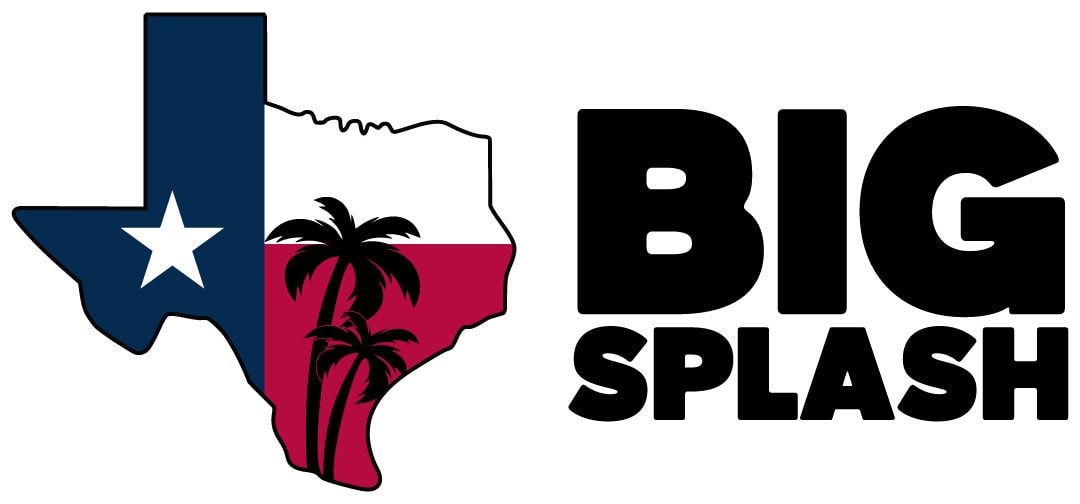 Outline of Texas filled with blue, white, and red, featuring two black palm trees. To the right, bold black text reads 