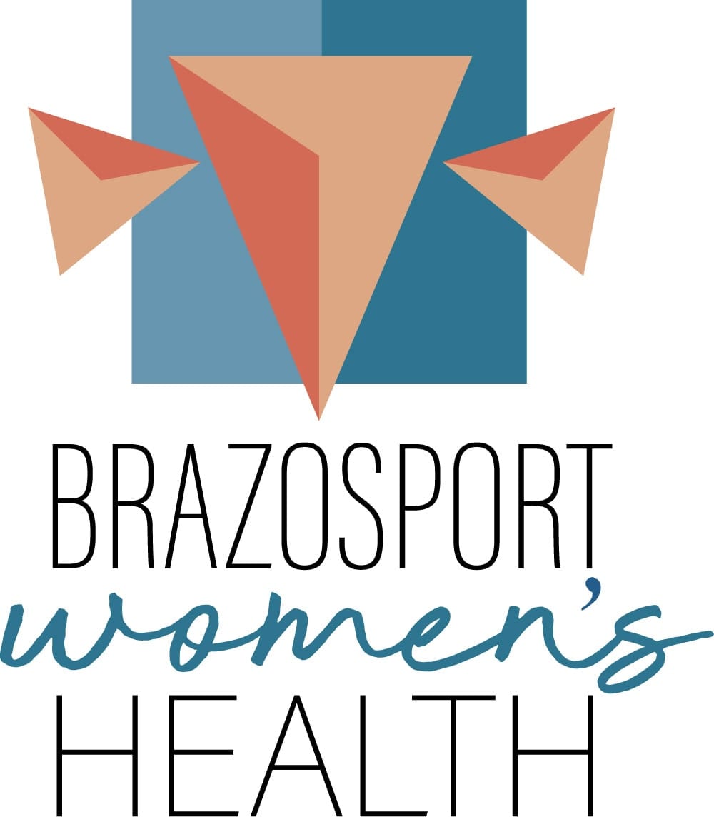 Logo for Brazosport Women’s Health featuring three geometric shapes above two overlapping blue squares, with 