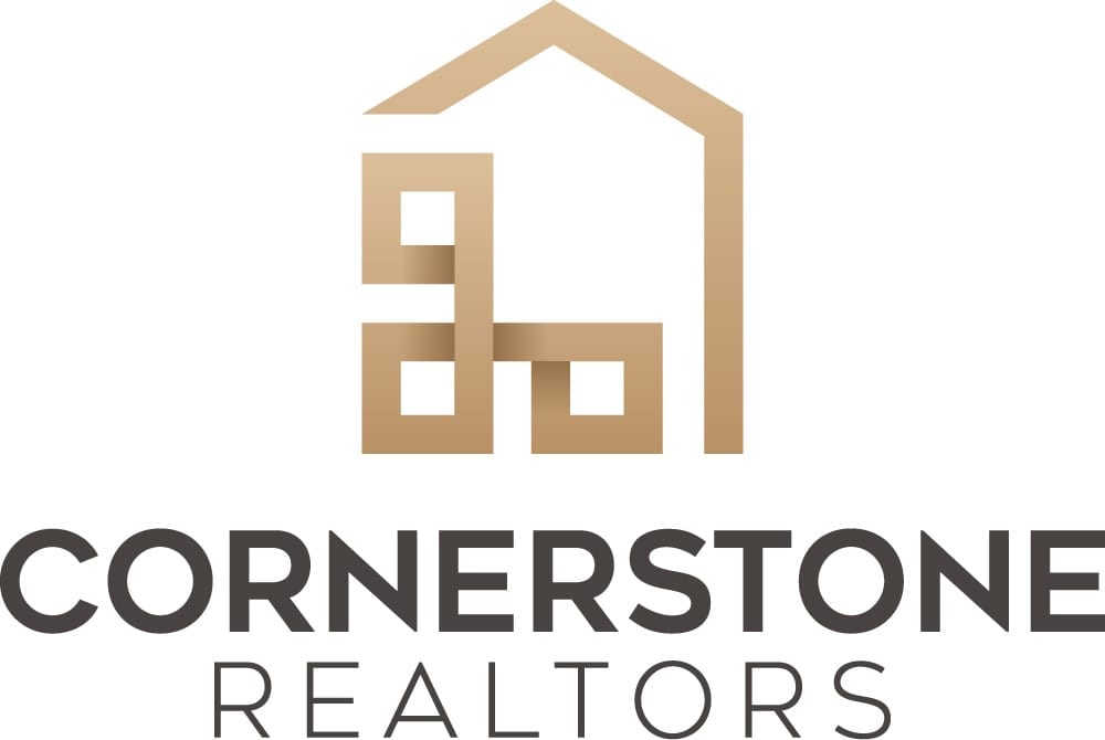 Logo for Cornerstone Realtors featuring a geometric house outline in gold above the company name, highlighting their expertise in real estate with 