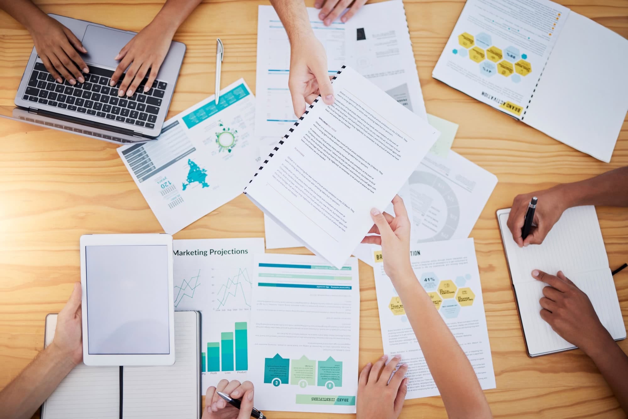 Hands, startup meeting or business people in data review for project management, SEO documents cons