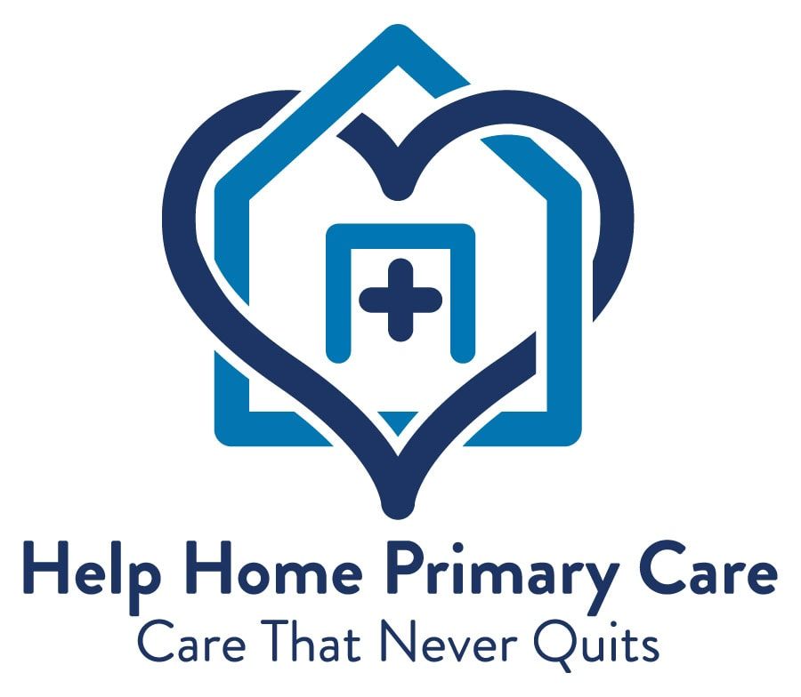 Logo for Help Home Primary Care featuring a blue house outline with a heart shape around it and a medical cross inside. Text below reads 