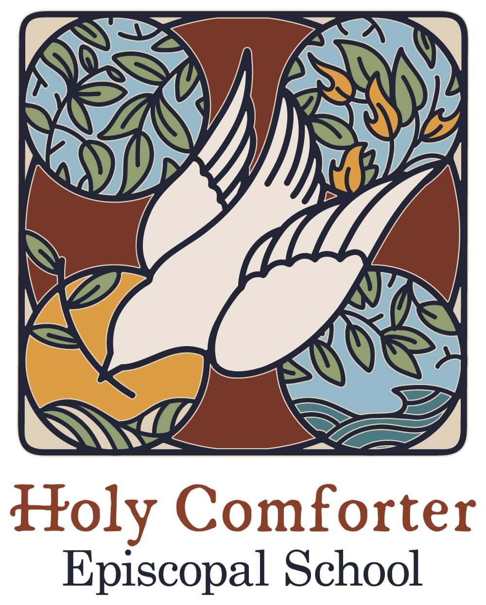 A stylized illustration of a white dove holding an olive branch, set against a background of leaves and circular patterns, represents Holy Comforter. Below the image, the text reads “Holy Comforter Episcopal School.”. - Market Design Team: Define. Structure. Expand.