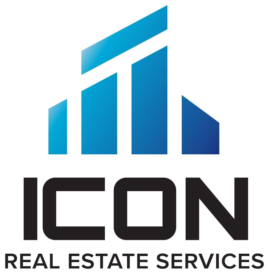 Logo for ICON Real Estate Services. The design features three blue geometric shapes resembling buildings above the company name in bold black letters, highlighting the real estate agency, with 
