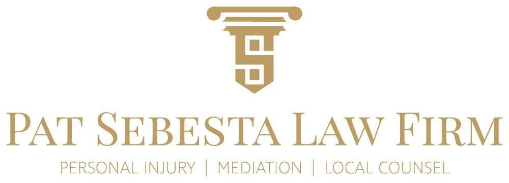 Pat Sebesta Law Firm logo features a stylized column and 