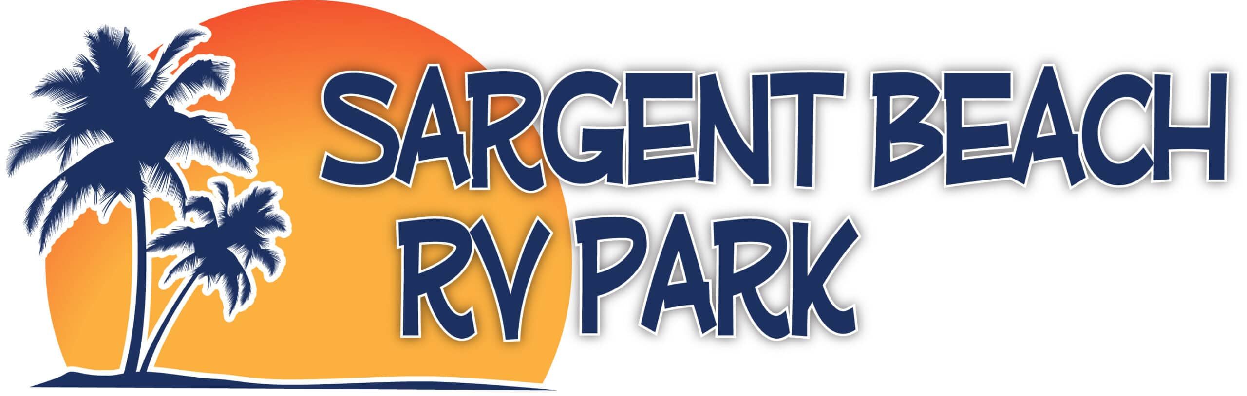 Logo for Sargent Beach RV Park features blue silhouettes of two palm trees on the left, a large orange sun in the background, and bold blue text reading 