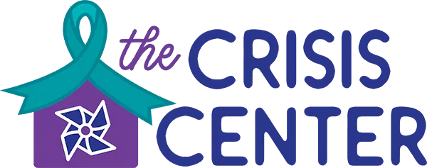 A logo with a teal awareness ribbon forming the roof of a purple house, featuring a white and blue pinwheel, beside the words 