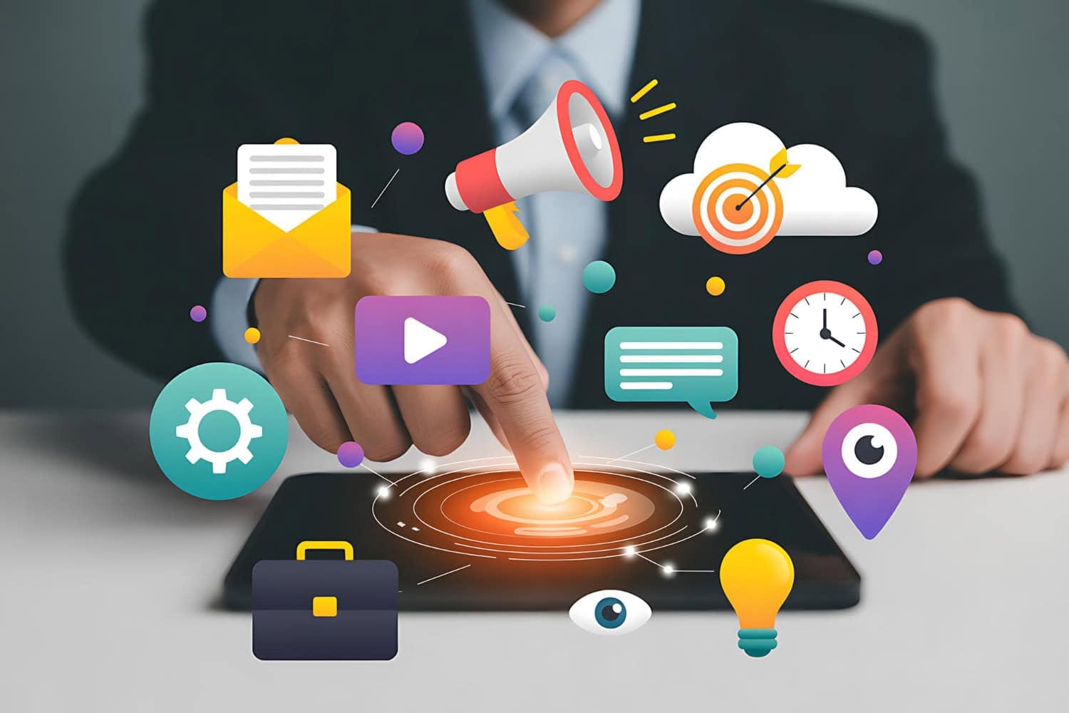 A person in a suit uses a tablet on a desk, with colorful digital marketing icons like email, megaphone, and target floating above—perfectly capturing the organized chaos of a marketing agency’s weekly responsibilities. - Market Design Team: Define. Structure. Expand.