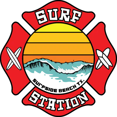 A red badge with a yellow and orange sunset, ocean waves, and “Surfside Beach TX.” Two surfboards stand on each side. Bold white letters display “Surf Station” at the top and bottom, highlighting the vibrant Surfside Station vibe. - Market Design Team: Define. Structure. Expand.