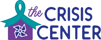 A logo with a teal awareness ribbon forming the roof of a purple house, featuring a white and blue pinwheel, beside the words 