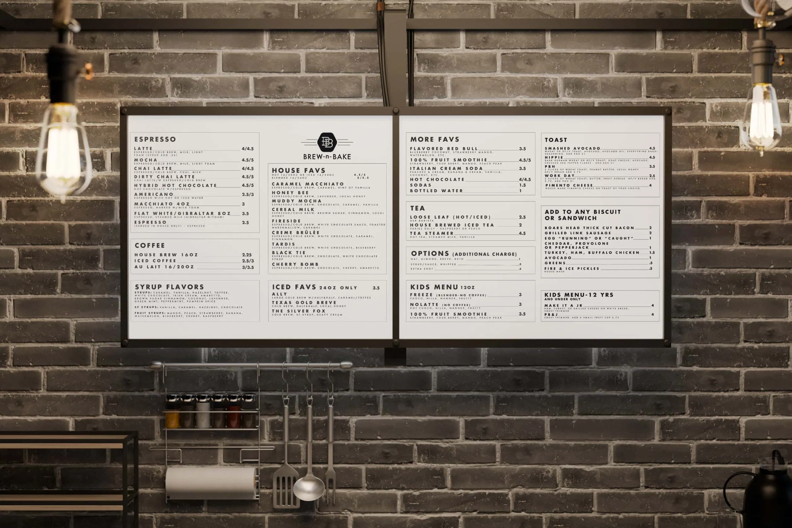 A coffee shop menu on a brick wall lists espresso drinks, coffee, syrups, iced drinks, house specials, food options like sandwiches and toast, a kids menu, and add-ons in black text on a white background. - Market Design Team: Define. Structure. Expand.