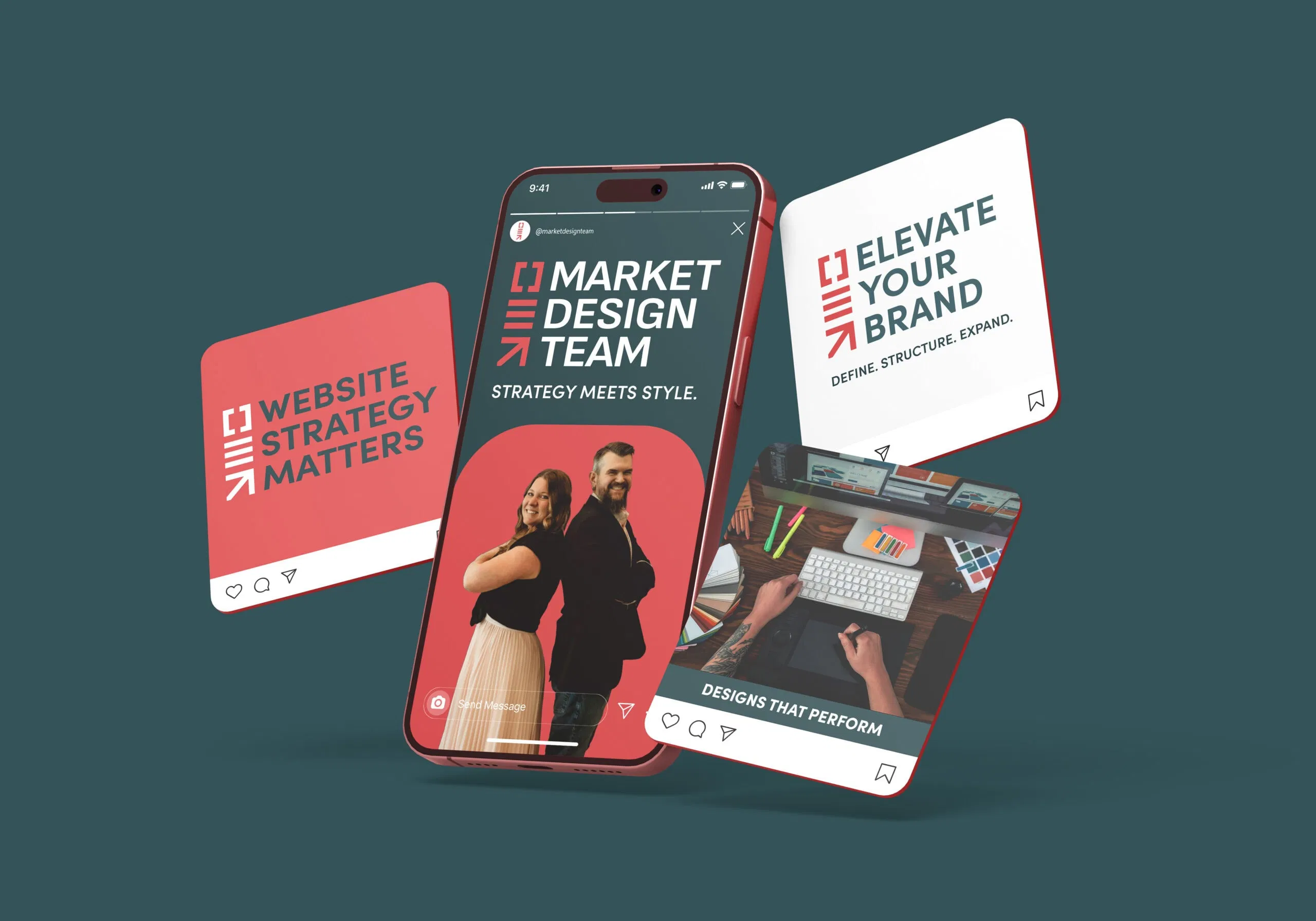 A smartphone displays a social media post with two people standing back to back, surrounded by design-themed social media cards reading “Website Strategy Matters,” “Elevate Your Brand,” and “Designs That Perform.”. - Market Design Team: Define. Structure. Expand.