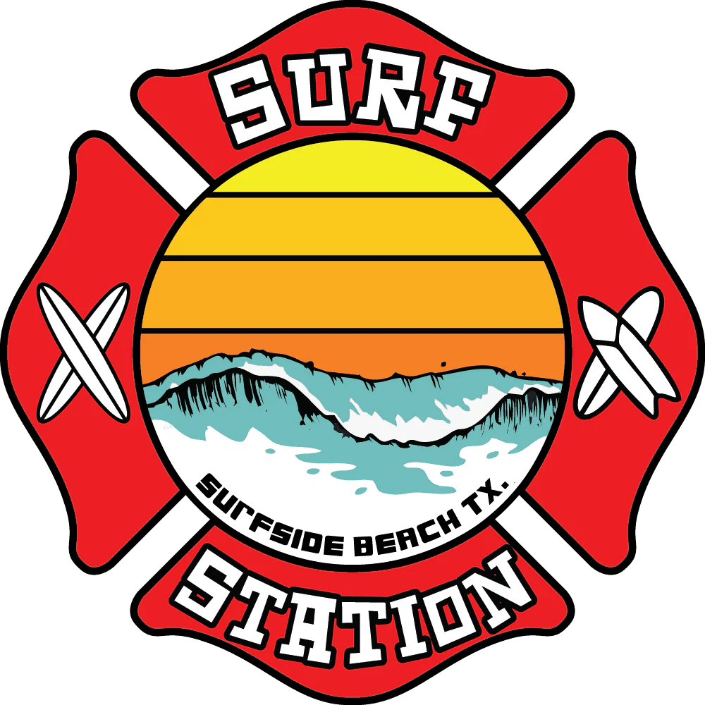 A red badge with a yellow and orange sunset, ocean waves, and “Surfside Beach TX.” Two surfboards stand on each side. Bold white letters display “Surf Station” at the top and bottom, highlighting the vibrant Surfside Station vibe. - Market Design Team: Define. Structure. Expand.