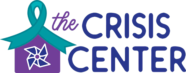 A logo with a teal awareness ribbon forming the roof of a purple house, featuring a white and blue pinwheel, beside the words 