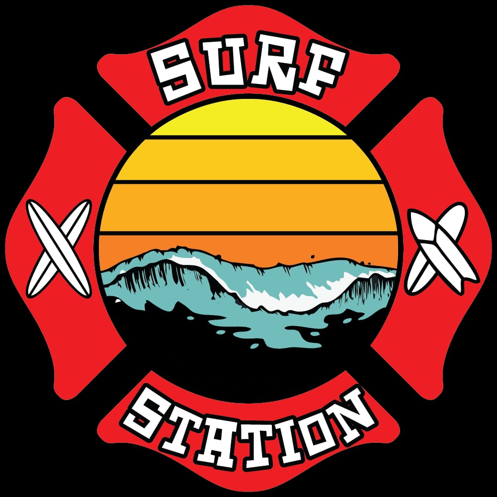 A red badge with a yellow and orange sunset, ocean waves, and “Surfside Beach TX.” Two surfboards stand on each side. Bold white letters display “Surf Station” at the top and bottom, highlighting the vibrant Surfside Station vibe. - Market Design Team: Define. Structure. Expand.