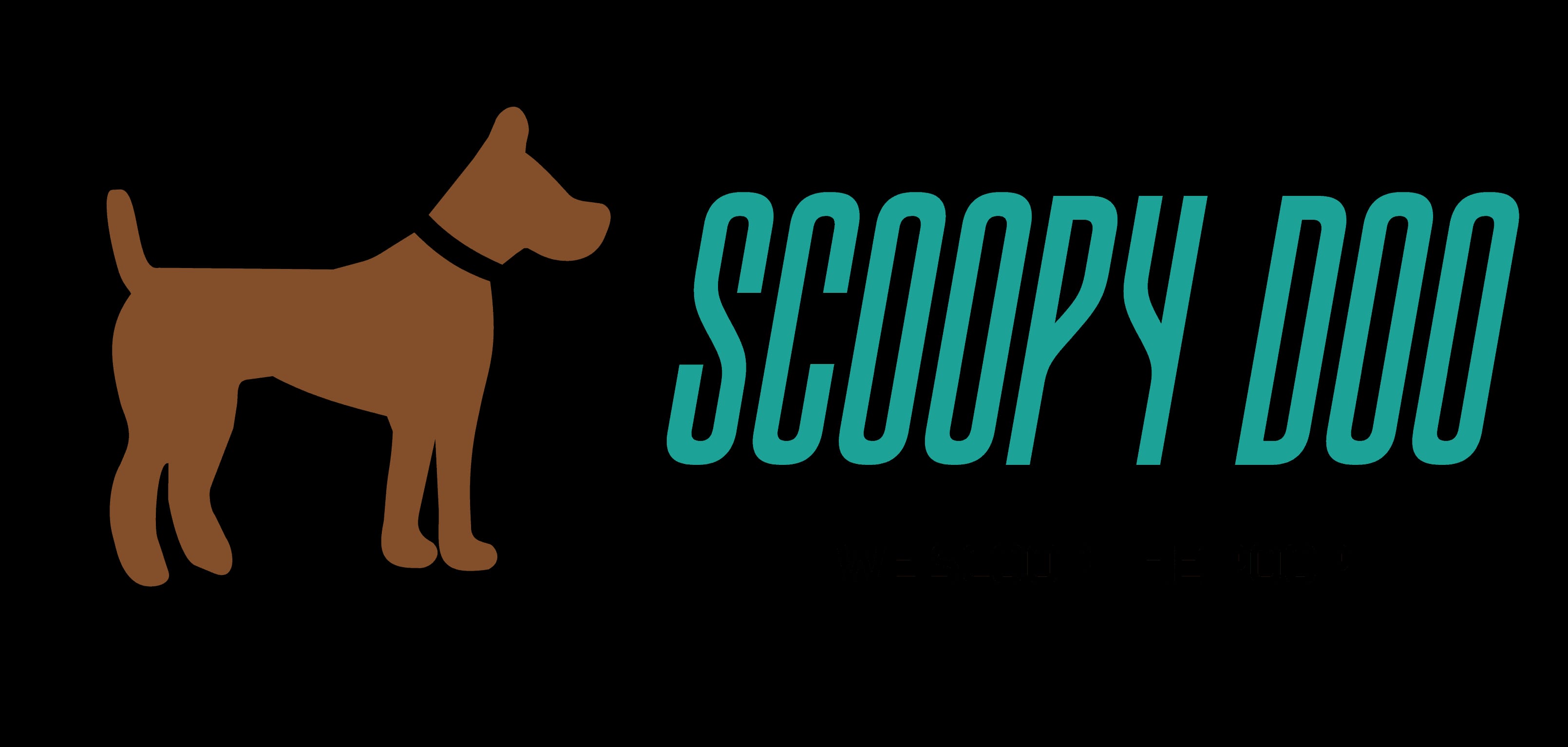 A simple logo featuring the silhouette of a brown dog with a black collar next to the words “SCOOPY DOO” in large teal letters, and smaller text below reading “Poo Removal Service.”. - Market Design Team: Define. Structure. Expand.