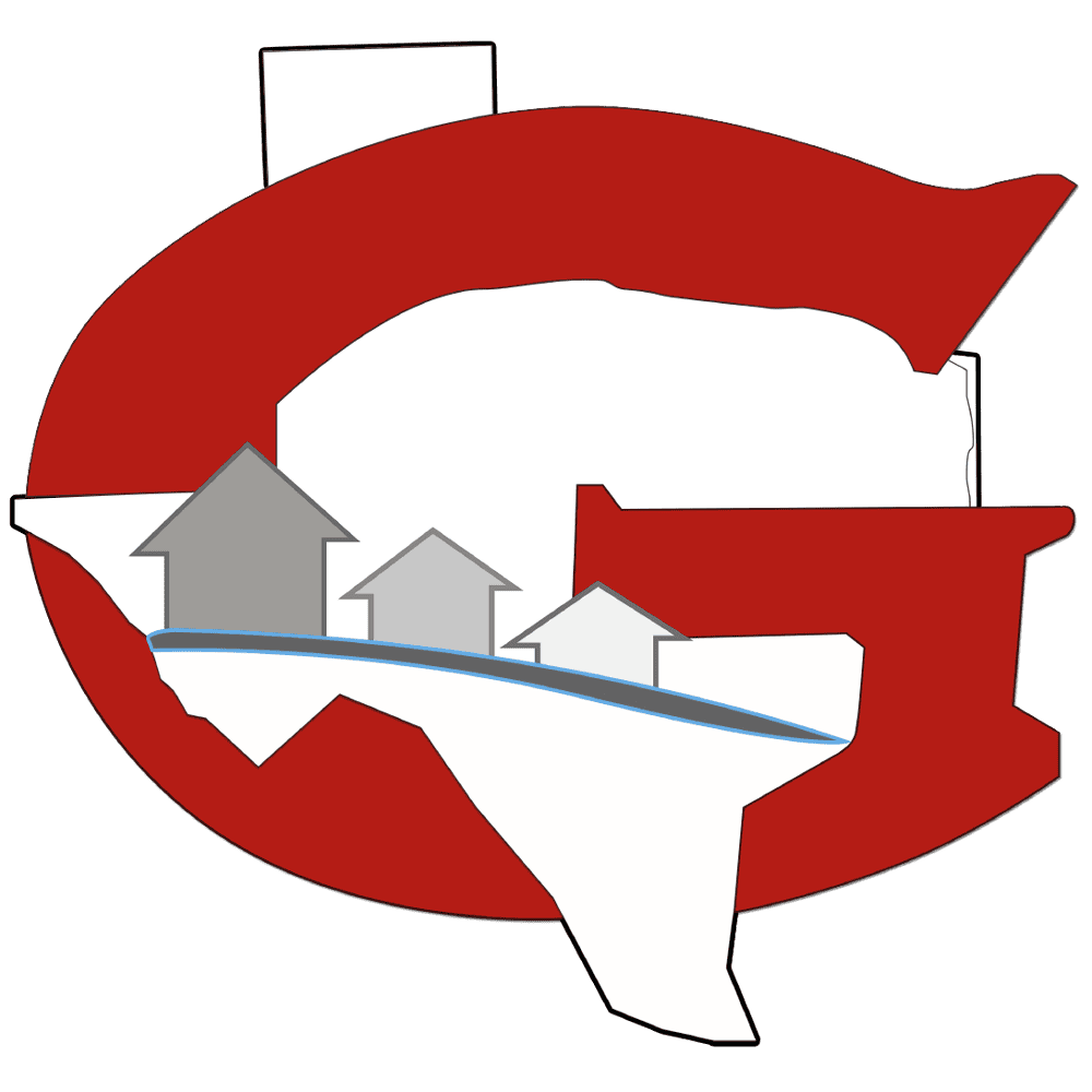 A large red letter "G" contains a white outline of Texas with three gray house icons and a diagonal blue line across it, representing Groesbeck EDC and economic development in Groesbeck Texas. - Market Design Team: Define. Structure. Expand.