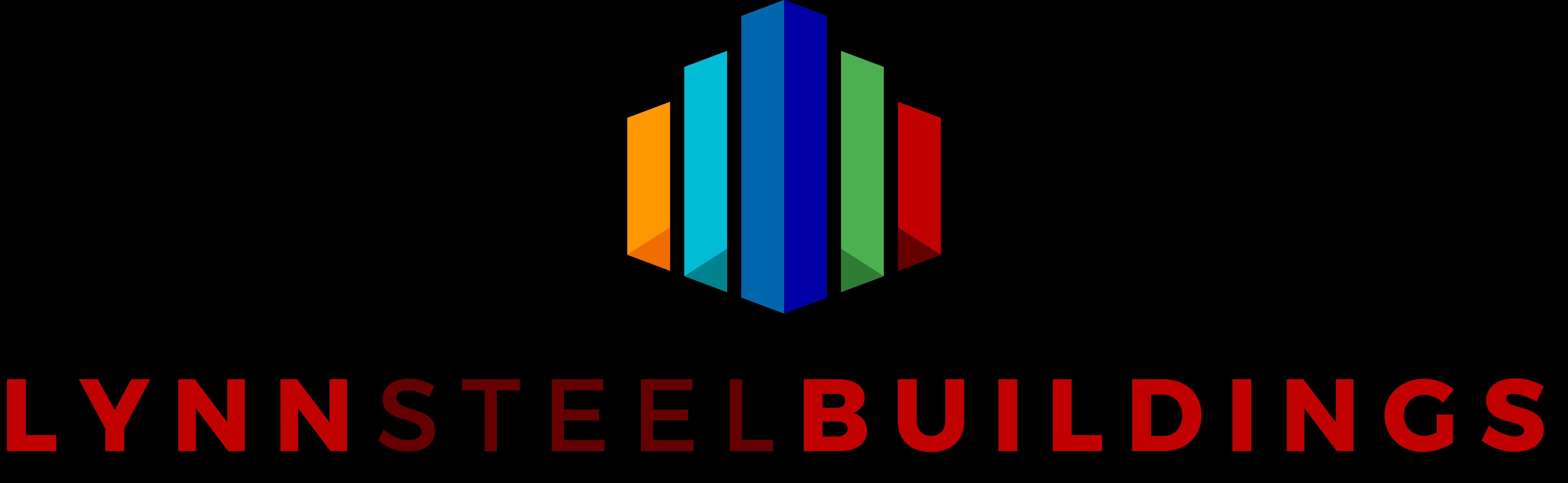 Logo for Lynn Steel Buildings featuring a geometric design with vertical colored bars in blue, green, and orange, forming a stylized building shape above the company name in bold red capital letters. - Market Design Team: Define. Structure. Expand.