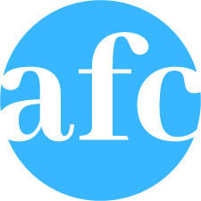 Lowercase black letters "afc" overlap in a serif font, centered on a solid light blue circle, representing Angleton First with no additional elements or background visible. - Market Design Team: Define. Structure. Expand.