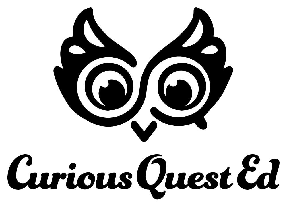 Black and white logo featuring a stylized owl face with large eyes above the words "Curious Quest Ed" in a decorative font, symbolizing education and curiosity at the heart of Curious Quest. - Market Design Team: Define. Structure. Expand.