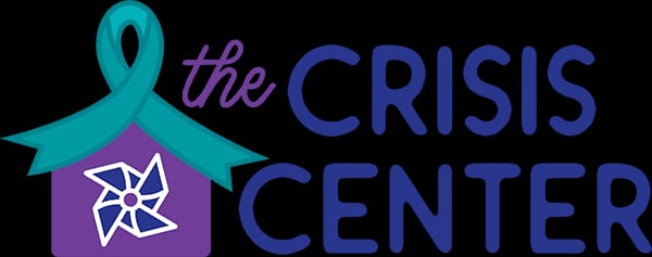 A logo with a teal awareness ribbon forming the roof of a purple house, featuring a white and blue pinwheel, beside the words "Crisis Center" in bold purple and blue letters. - Market Design Team: Define. Structure. Expand.