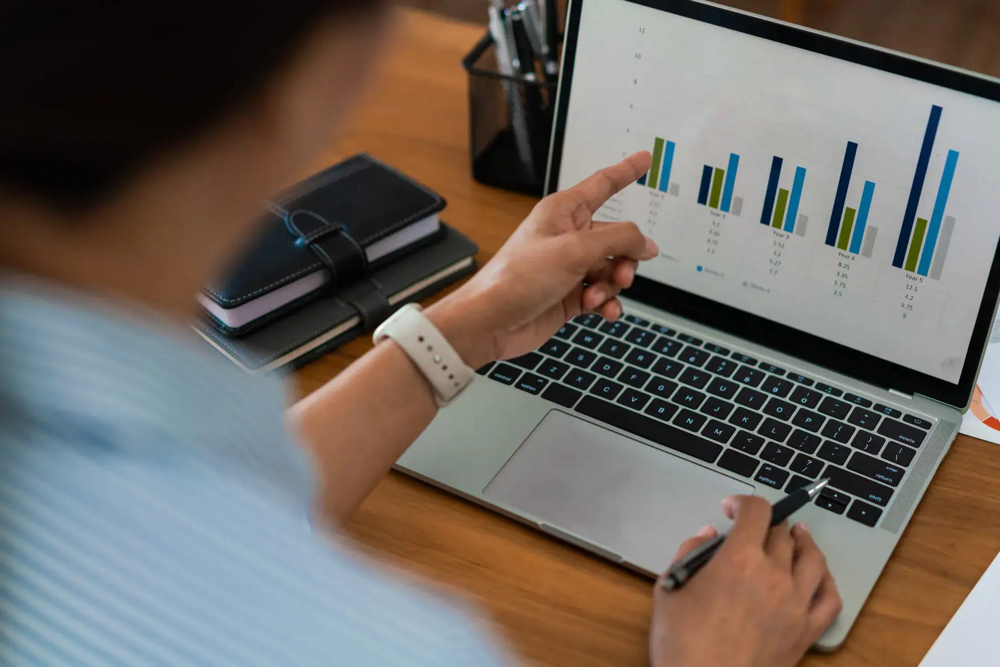A person points at a bar chart displayed on a laptop screen while holding a pen. A closed notebook, a pen holder, and other office supplies are visible on the wooden desk. - Market Design Team: Define. Structure. Expand.